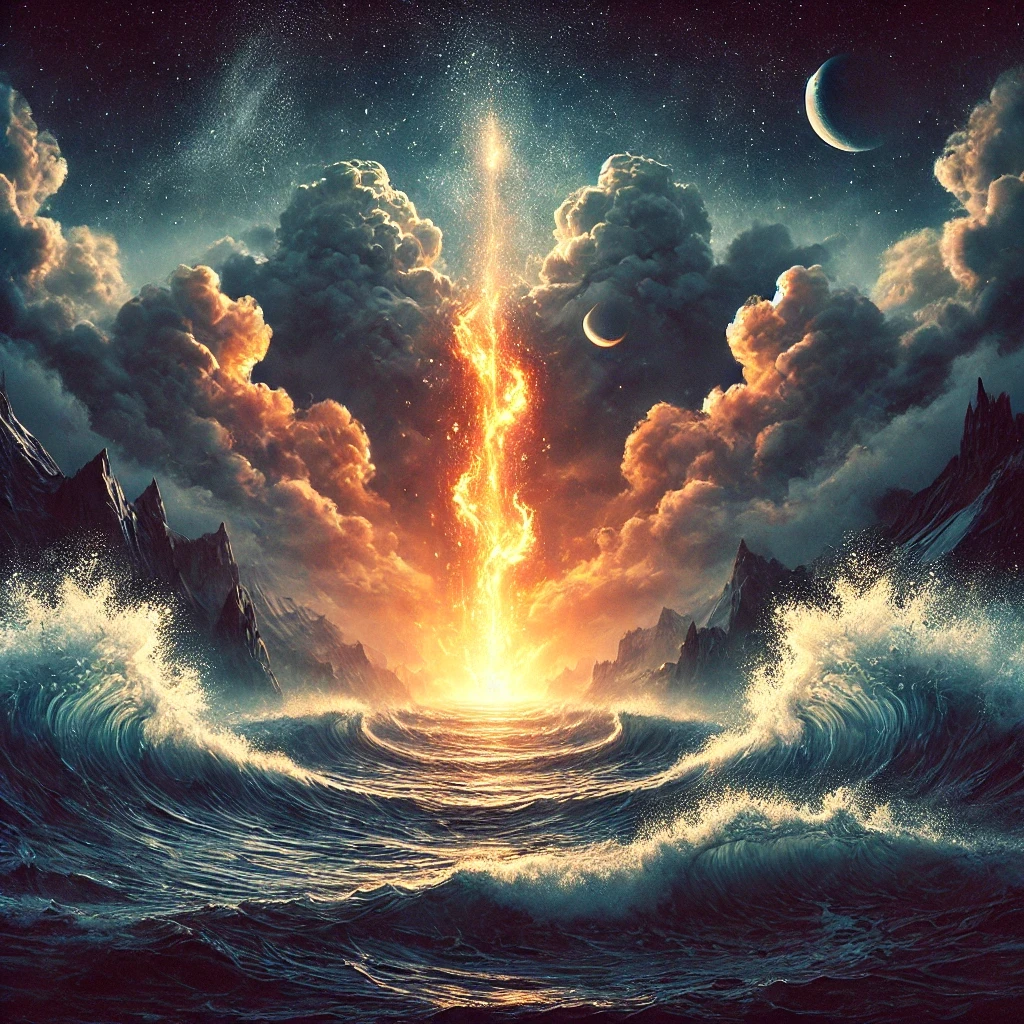 dall·e 2025 03 25 21.00.20 a dramatic scene of a stormy ocean with towering waves, from which flames erupt, symbolizing the fusion of water and fire. the sky is dark and filled (1)